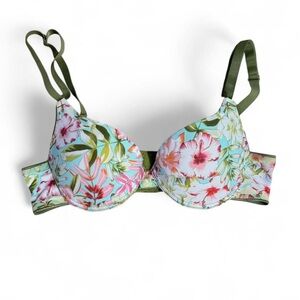 Youmita Floral Light Blue Push-Up Bra with Olive Straps